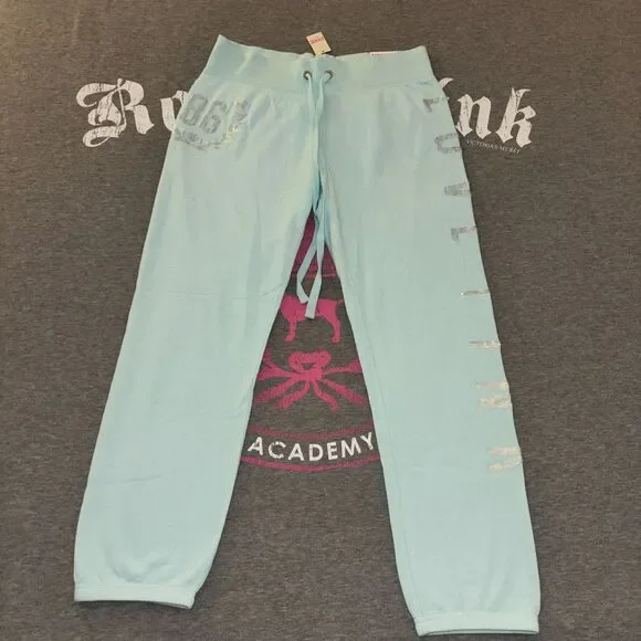 NWT Victoria’s Secret PINK Baby Blue Iridescent Sequin Bling Capri Pants- SM - Picture 2 of 12